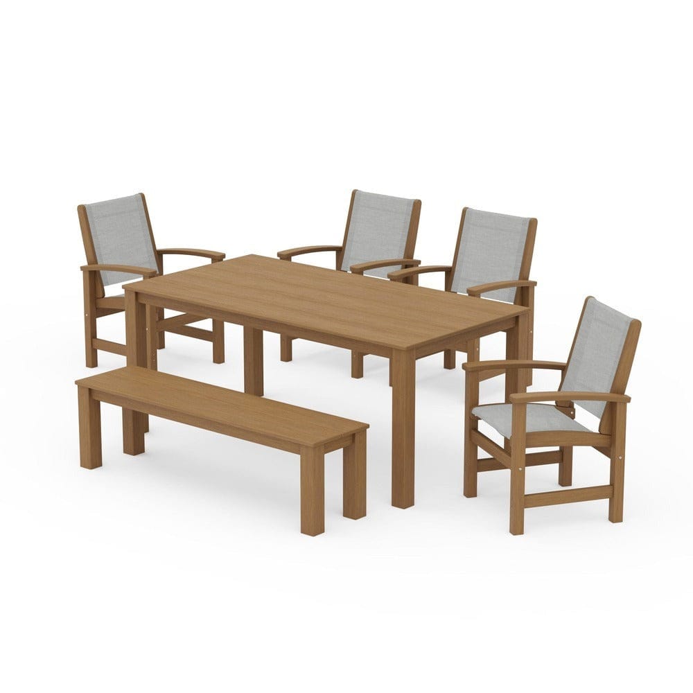 POLYWOOD® Outdoor Furniture Natural / Metallic Sling POLYWOOD® - Coastal 6-Piece Parsons Dining Set with Bench - PWS2276