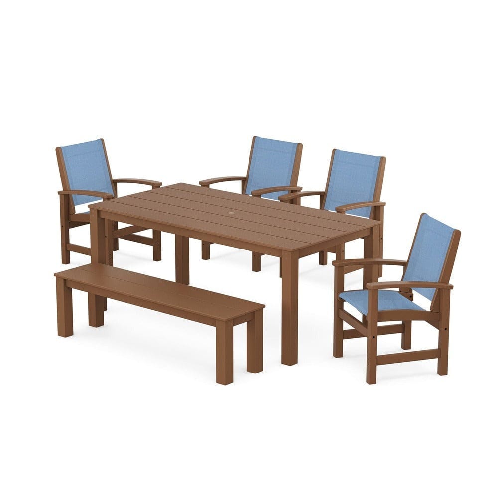 POLYWOOD® Outdoor Furniture Teak / Poolside Sling POLYWOOD® - Coastal 6-Piece Parsons Dining Set with Bench - PWS2276