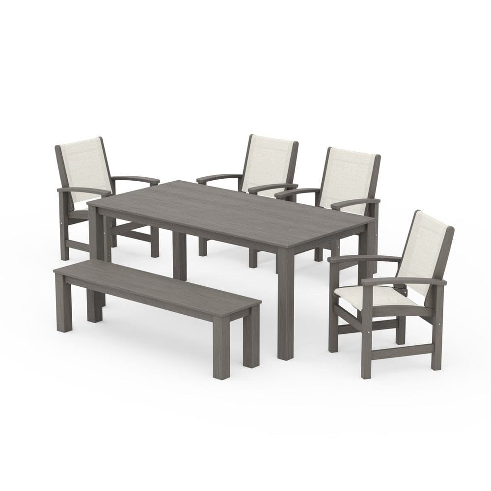 POLYWOOD® Outdoor Furniture Driftwood / Parchment Sling POLYWOOD® - Coastal 6-Piece Parsons Dining Set with Bench - PWS2276