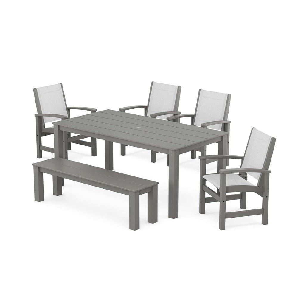 POLYWOOD® Outdoor Furniture Slate Grey / White Sling POLYWOOD® - Coastal 6-Piece Parsons Dining Set with Bench - PWS2276