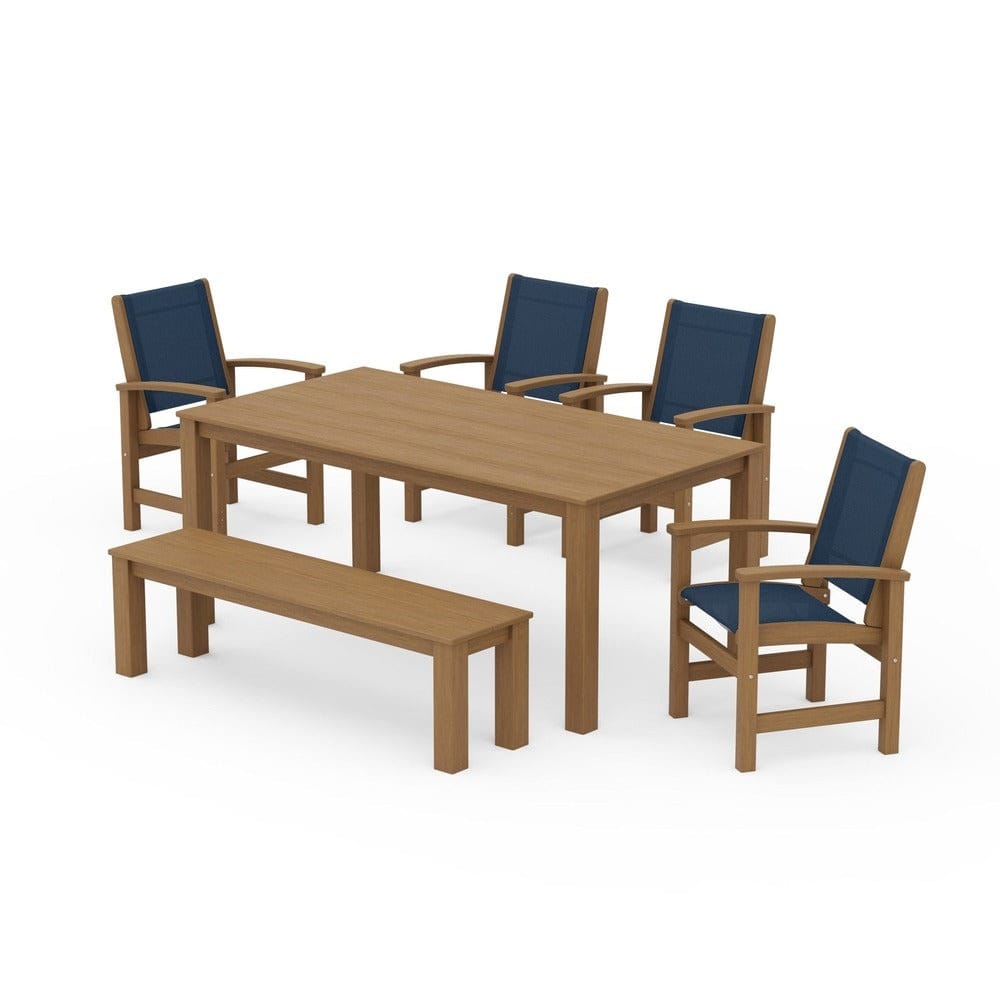 POLYWOOD® Outdoor Furniture Natural / Navy Blue Sling POLYWOOD® - Coastal 6-Piece Parsons Dining Set with Bench - PWS2276