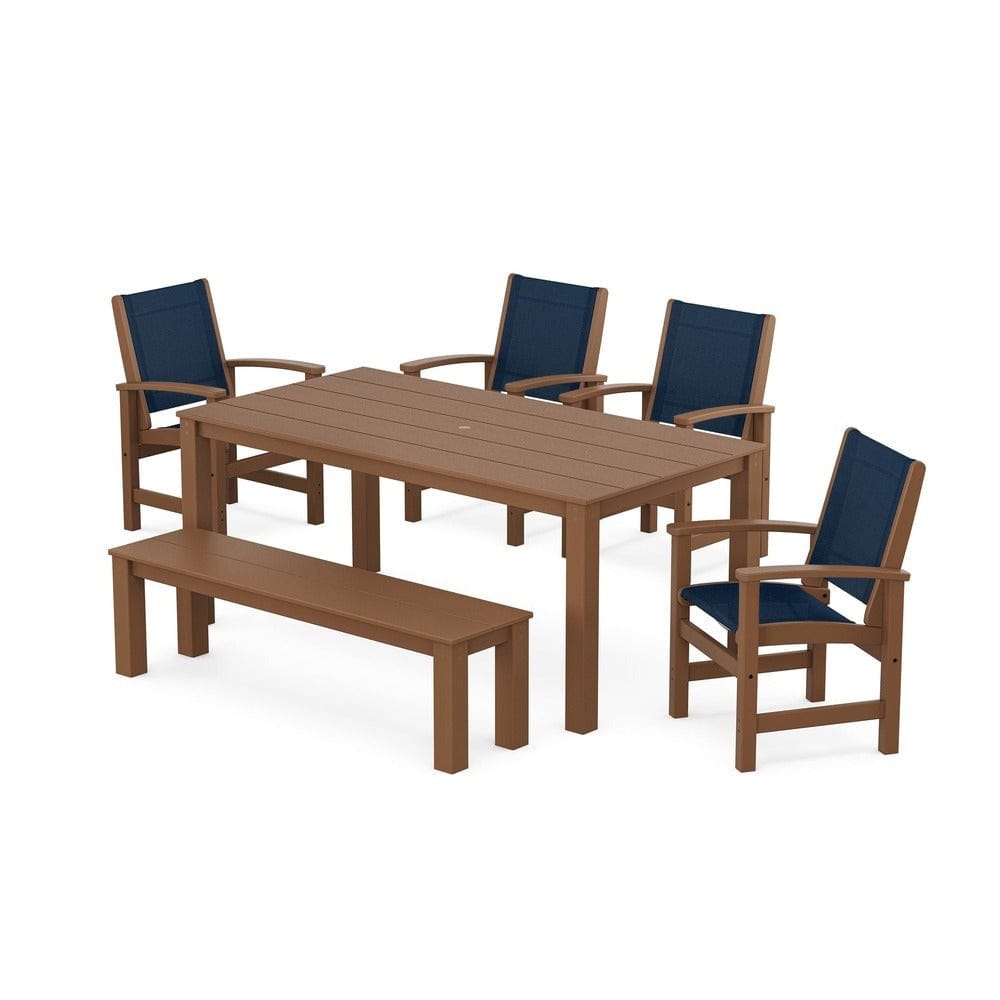 POLYWOOD® Outdoor Furniture Teak / Navy Blue Sling POLYWOOD® - Coastal 6-Piece Parsons Dining Set with Bench - PWS2276