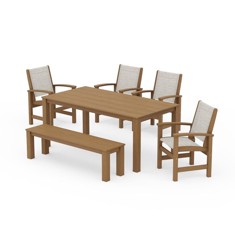 POLYWOOD® Outdoor Furniture Natural / Birch Sling POLYWOOD® - Coastal 6-Piece Parsons Dining Set with Bench - PWS2276