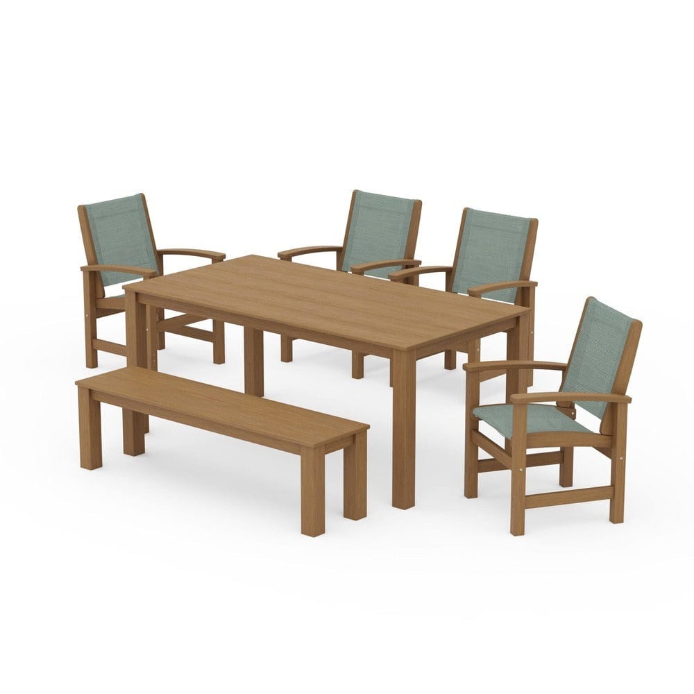 POLYWOOD® Outdoor Furniture Natural / Dupioni Sea Mist Sling POLYWOOD® - Coastal 6-Piece Parsons Dining Set with Bench - PWS2276