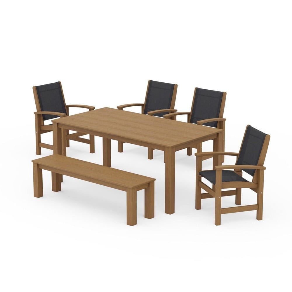 POLYWOOD® Outdoor Furniture Natural / Black Sling POLYWOOD® - Coastal 6-Piece Parsons Dining Set with Bench - PWS2276