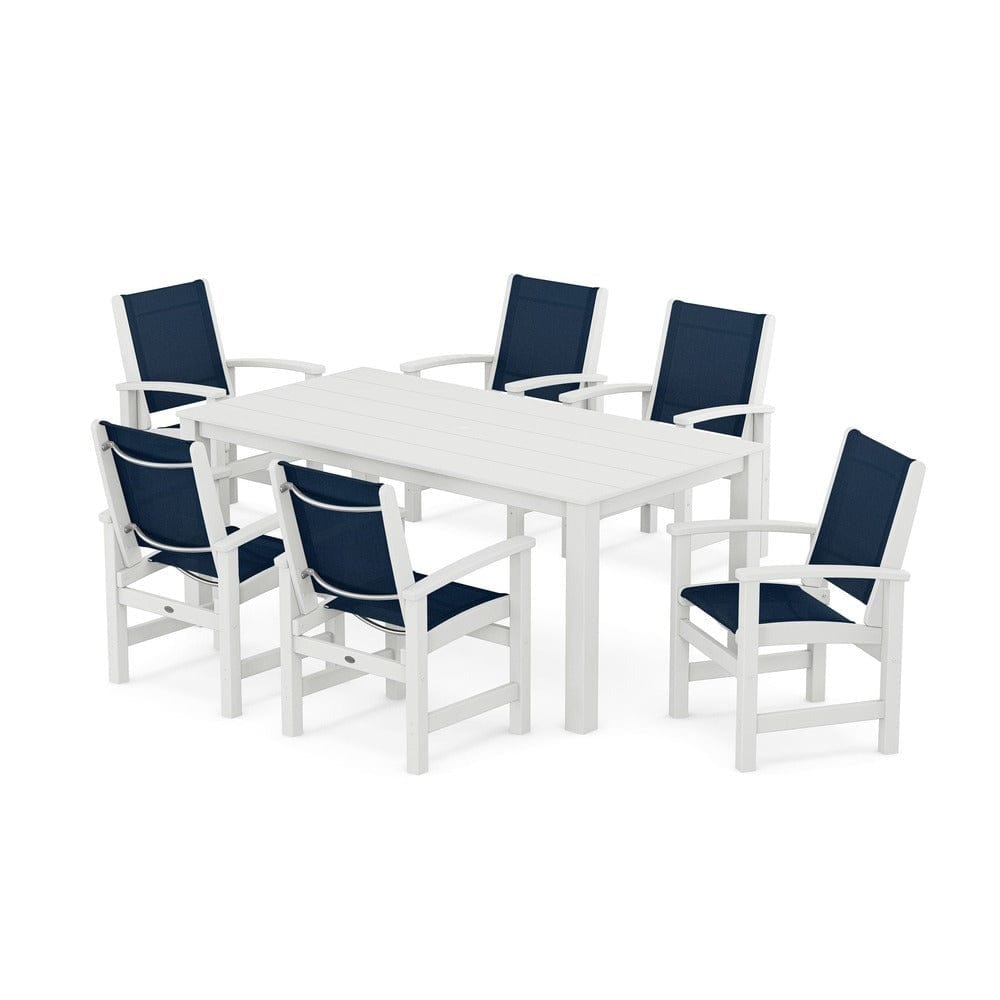 POLYWOOD® Outdoor Furniture White / Navy Blue Sling POLYWOOD® - Coastal 7-Piece Parsons Dining Set - PWS2275