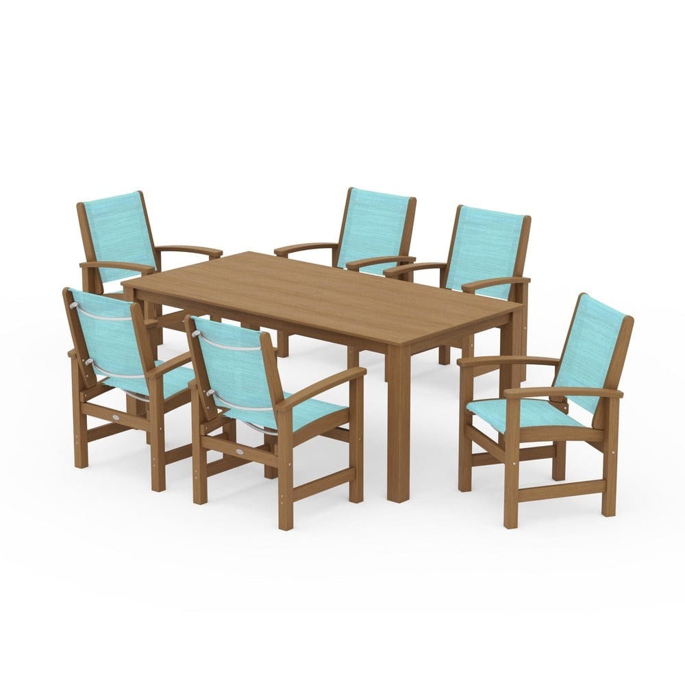 POLYWOOD® Outdoor Furniture Natural / Dupioni Aquamarine Sling POLYWOOD® - Coastal 7-Piece Parsons Dining Set - PWS2275