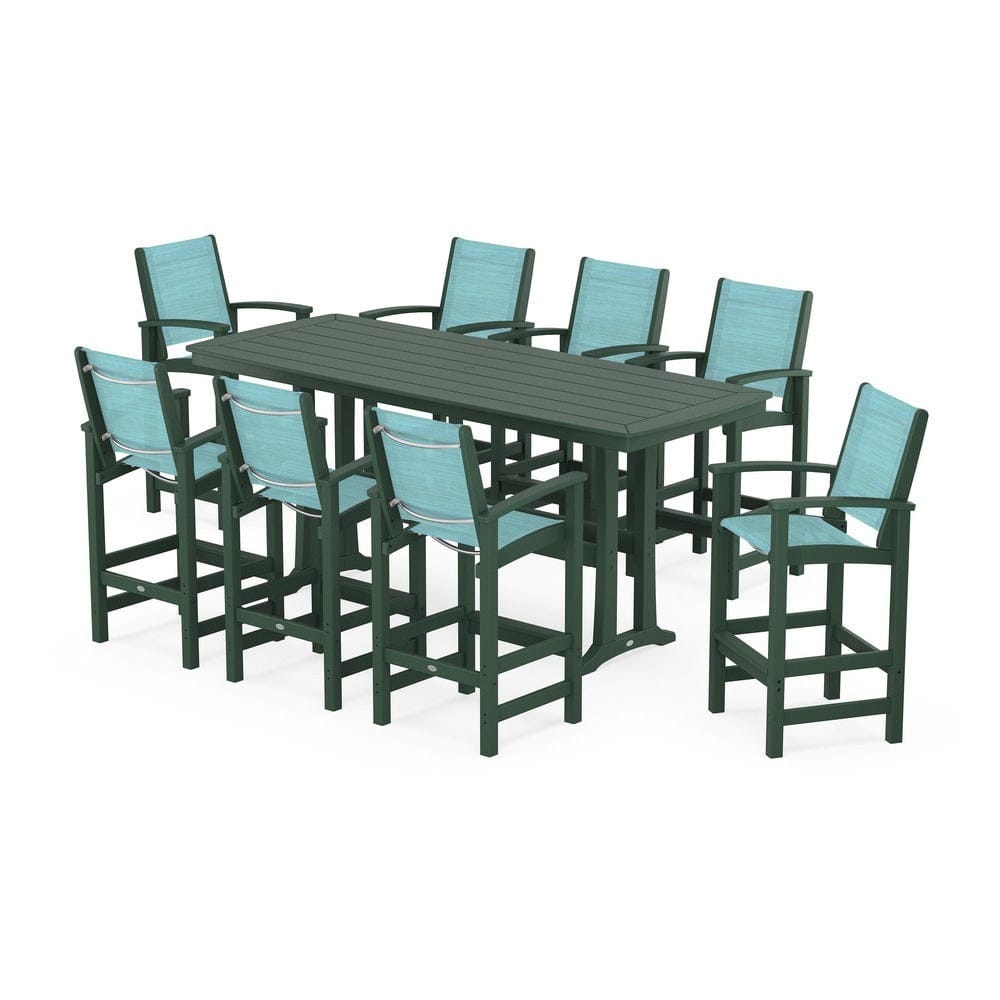 POLYWOOD® Outdoor Furniture Green / Dupioni Aquamarine Sling POLYWOOD® - Coastal 9-Piece Bar Set with Trestle Legs - PWS1948