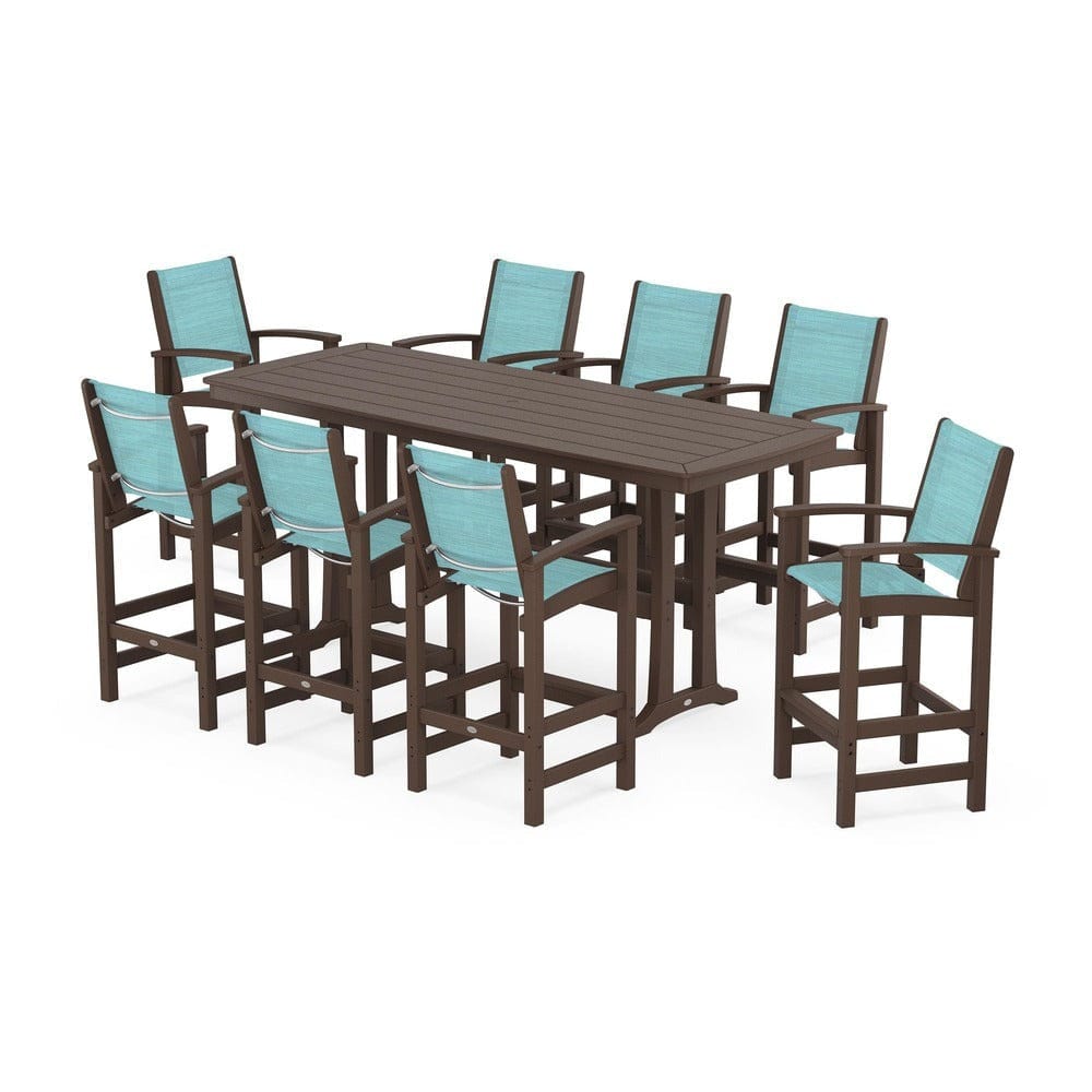 POLYWOOD® Outdoor Furniture Mahogany / Dupioni Aquamarine Sling POLYWOOD® - Coastal 9-Piece Bar Set with Trestle Legs - PWS1948