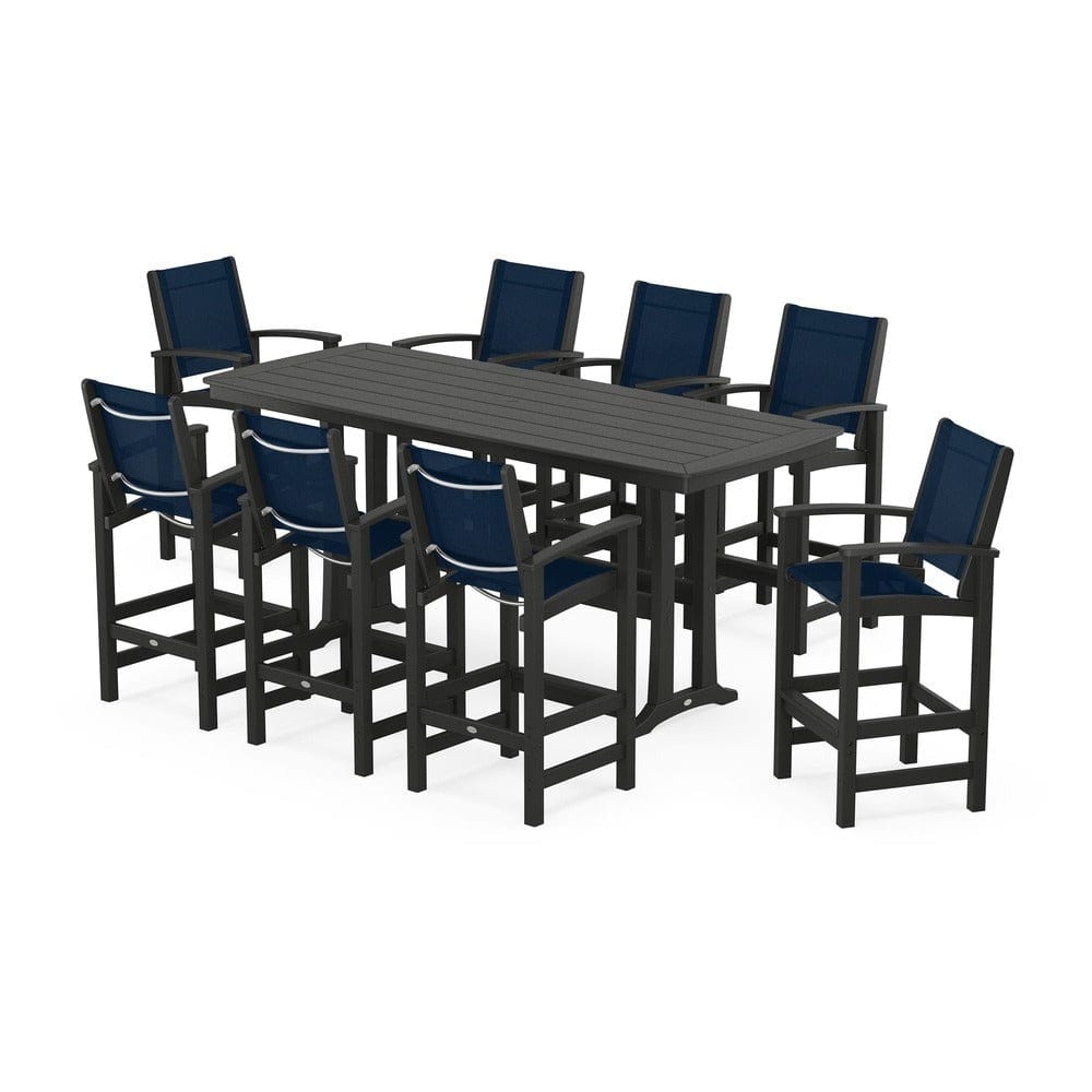 POLYWOOD® Outdoor Furniture Black / Navy Blue Sling POLYWOOD® - Coastal 9-Piece Bar Set with Trestle Legs - PWS1948
