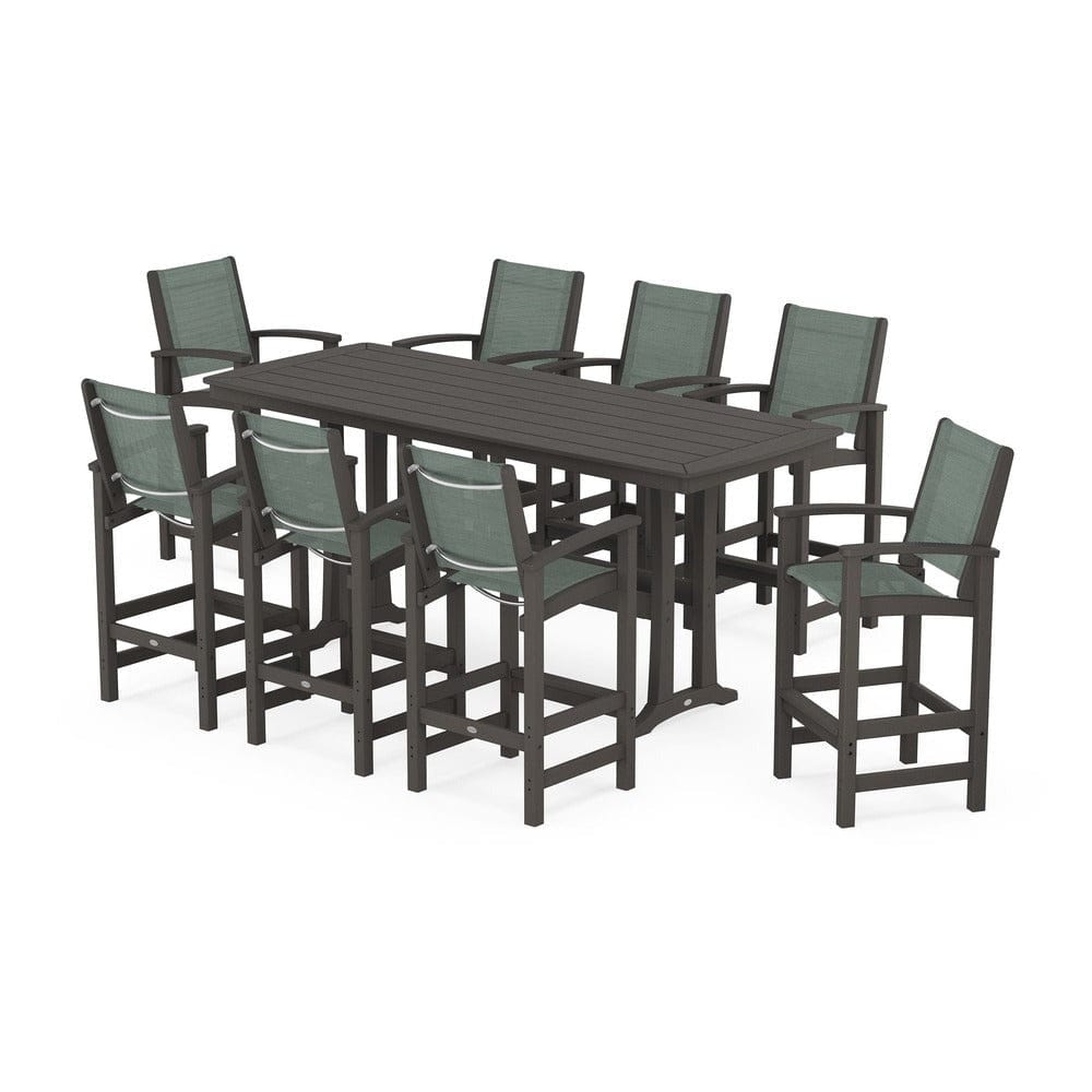POLYWOOD® Outdoor Furniture Vintage Coffee / Dupioni Sea Mist Sling POLYWOOD® - Coastal 9-Piece Bar Set with Trestle Legs - PWS1948