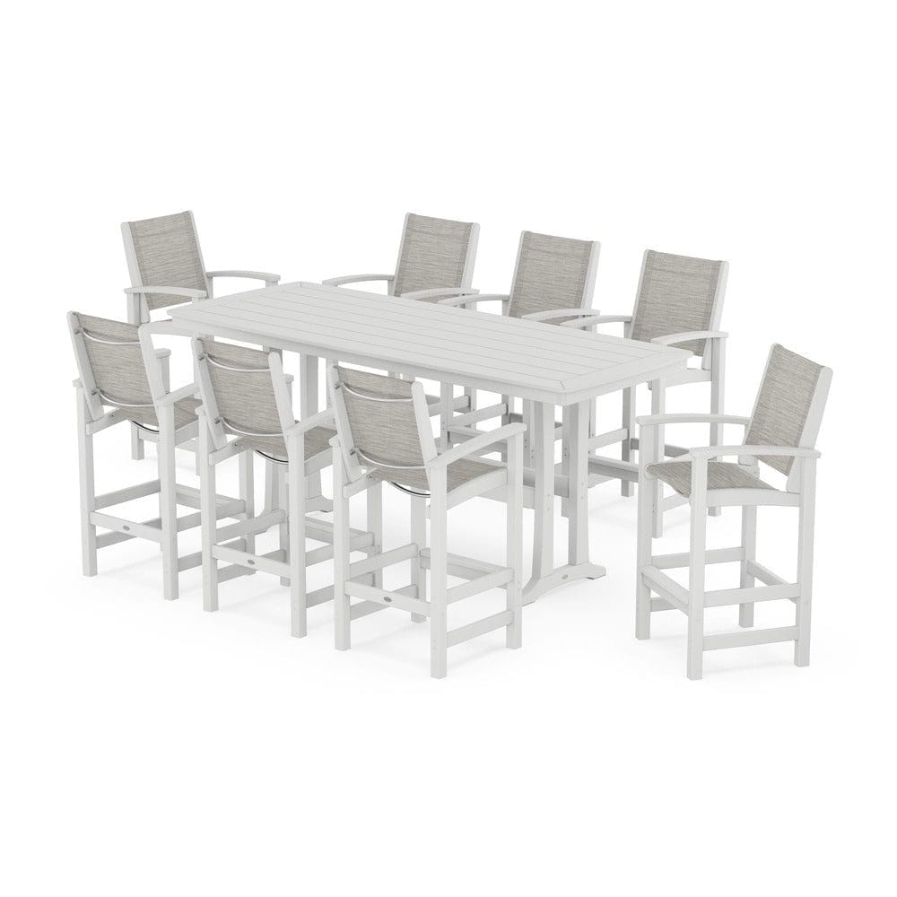 POLYWOOD® Outdoor Furniture White / Birch Sling POLYWOOD® - Coastal 9-Piece Bar Set with Trestle Legs - PWS1948