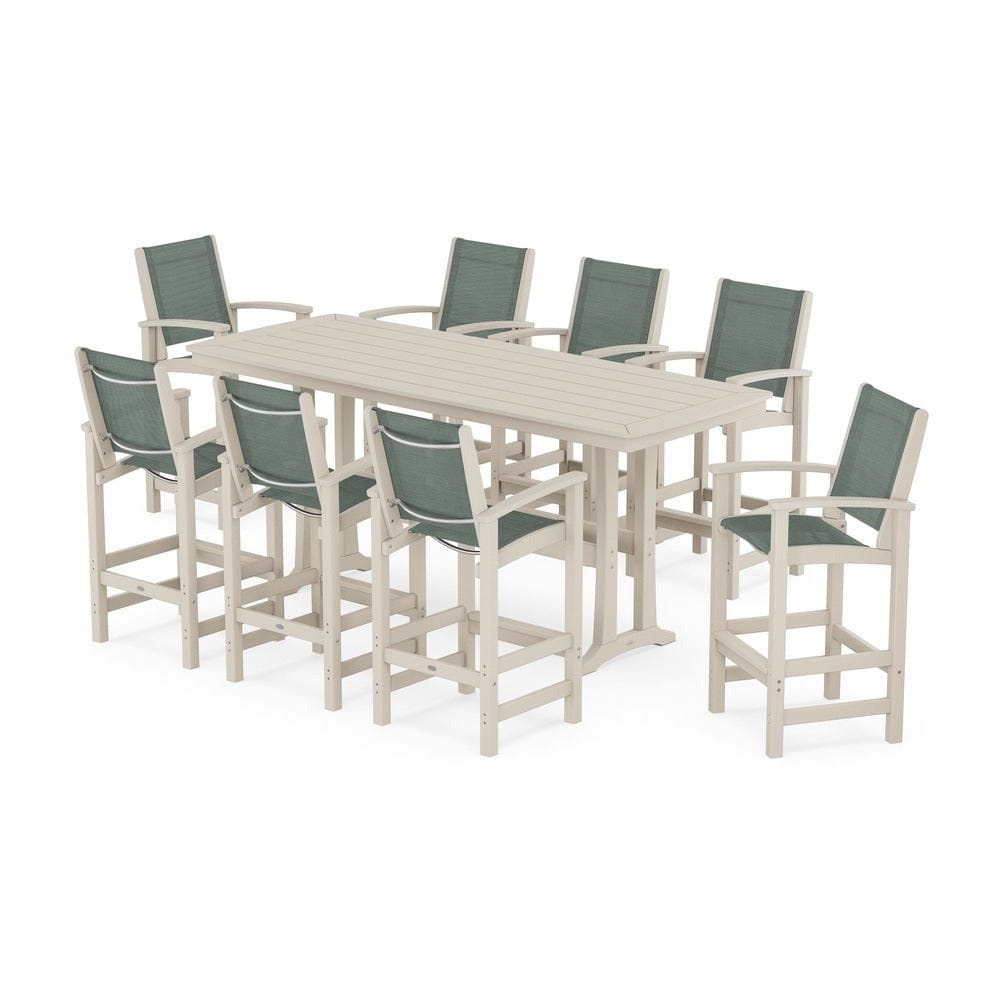 POLYWOOD® Outdoor Furniture Sand / Dupioni Sea Mist Sling POLYWOOD® - Coastal 9-Piece Bar Set with Trestle Legs - PWS1948