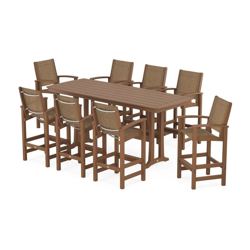 POLYWOOD® Outdoor Furniture Teak / Burlap Sling POLYWOOD® - Coastal 9-Piece Bar Set with Trestle Legs - PWS1948