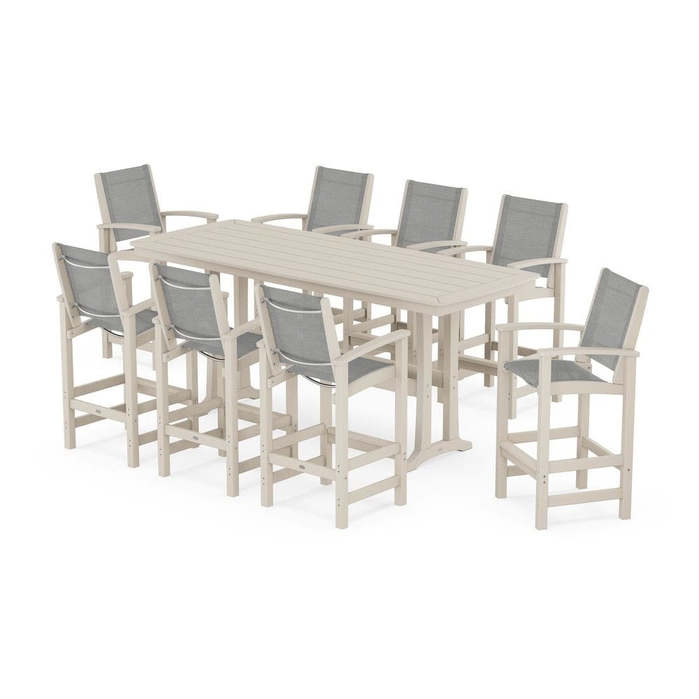 POLYWOOD® Outdoor Furniture Sand / Metallic Sling POLYWOOD® - Coastal 9-Piece Bar Set with Trestle Legs - PWS1948