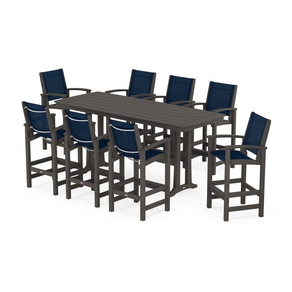 POLYWOOD® Outdoor Furniture Vintage Coffee / Navy Blue Sling POLYWOOD® - Coastal 9-Piece Bar Set with Trestle Legs - PWS1948