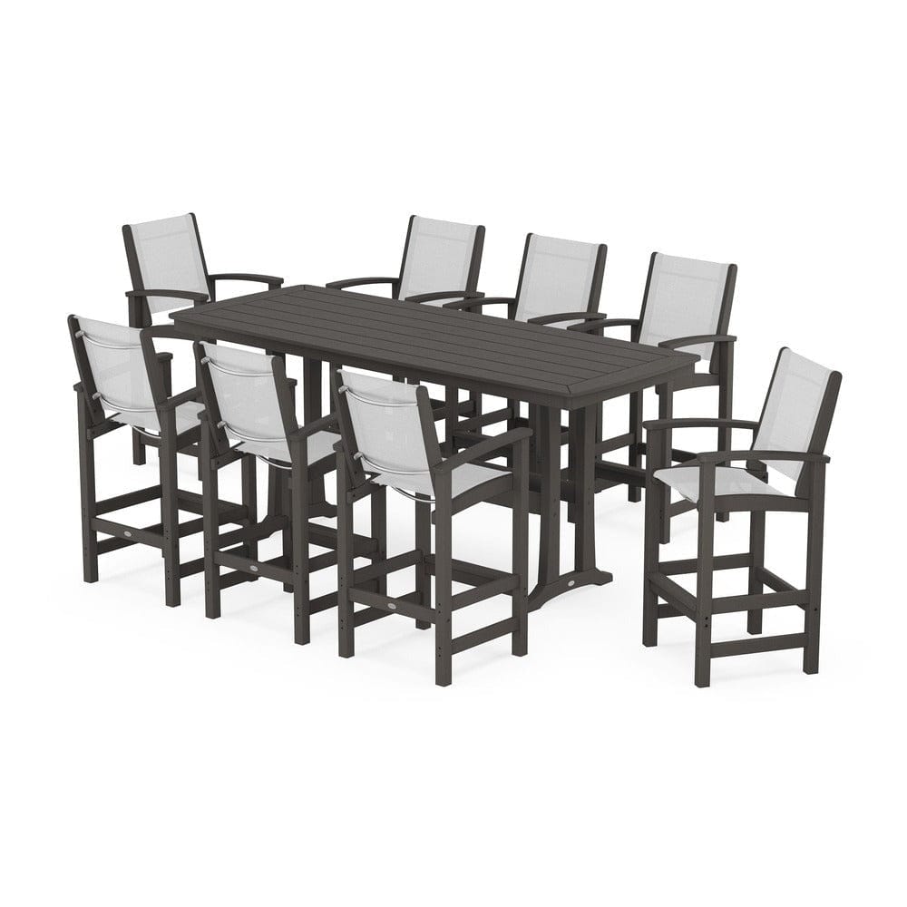 POLYWOOD® Outdoor Furniture Vintage Coffee / White Sling POLYWOOD® - Coastal 9-Piece Bar Set with Trestle Legs - PWS1948