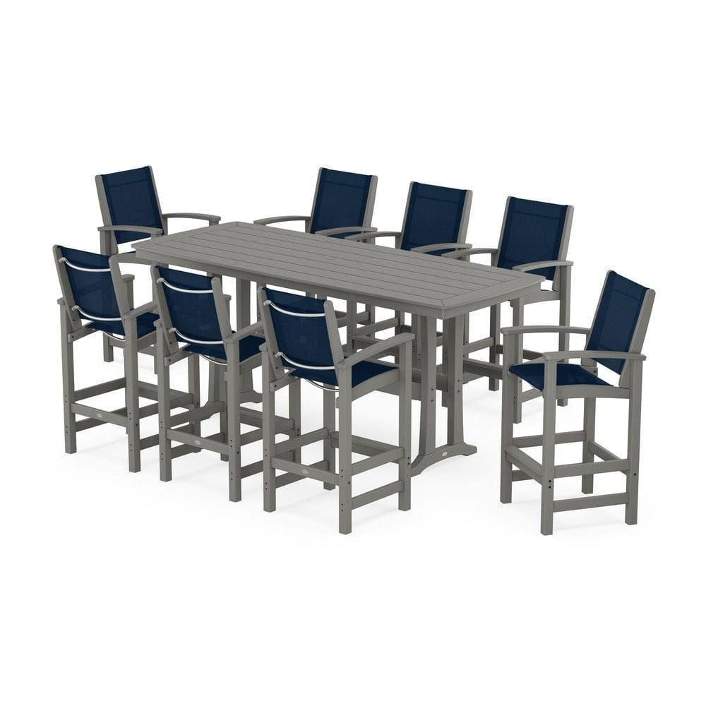 POLYWOOD® Outdoor Furniture Slate Grey / Navy Blue Sling POLYWOOD® - Coastal 9-Piece Bar Set with Trestle Legs - PWS1948