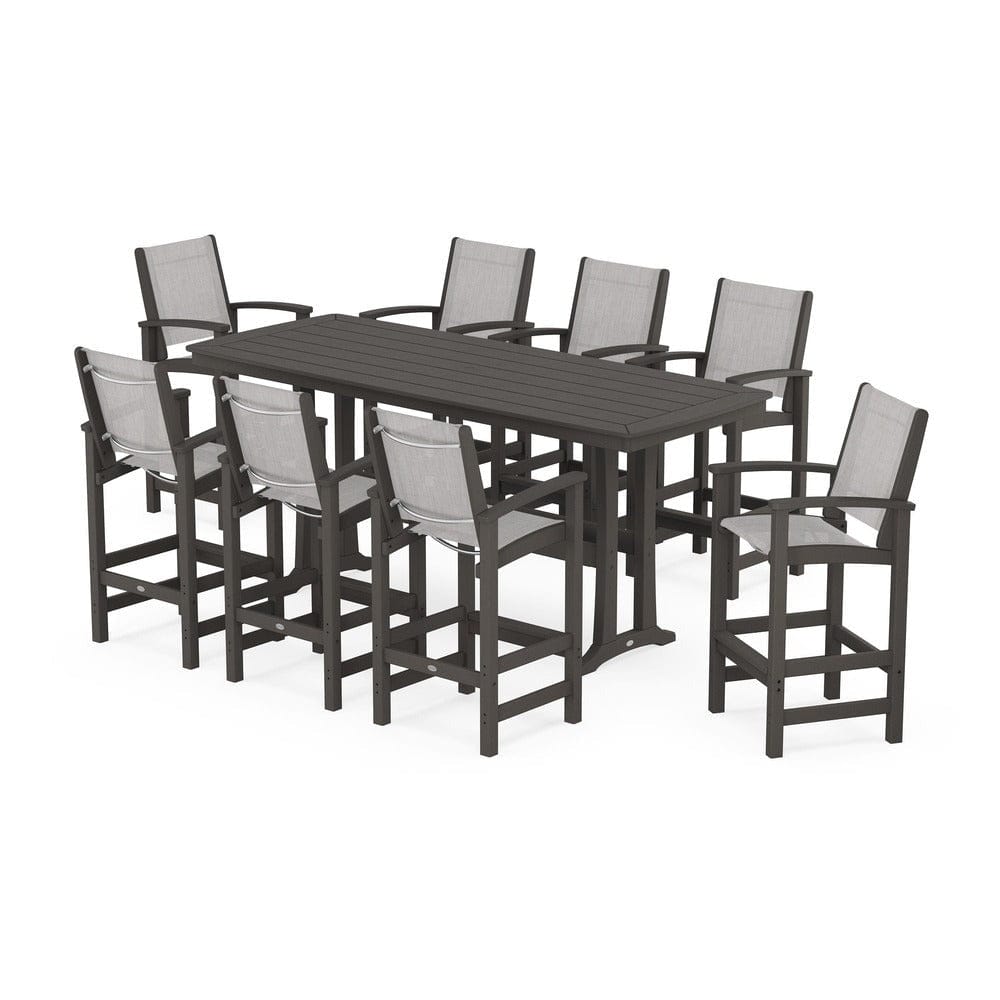 POLYWOOD® Outdoor Furniture Vintage Coffee / Parchment Sling POLYWOOD® - Coastal 9-Piece Bar Set with Trestle Legs - PWS1948