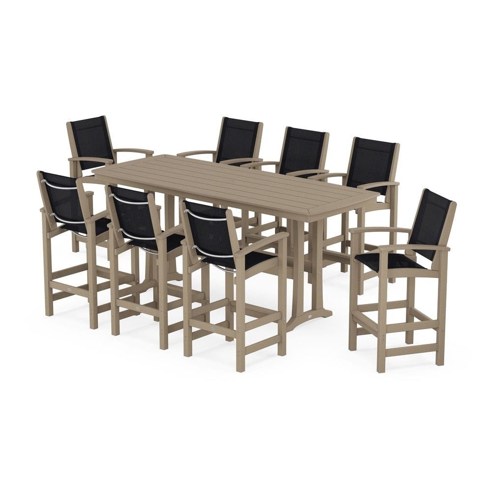 POLYWOOD® Outdoor Furniture Vintage Sahara / Black Sling POLYWOOD® - Coastal 9-Piece Bar Set with Trestle Legs - PWS1948