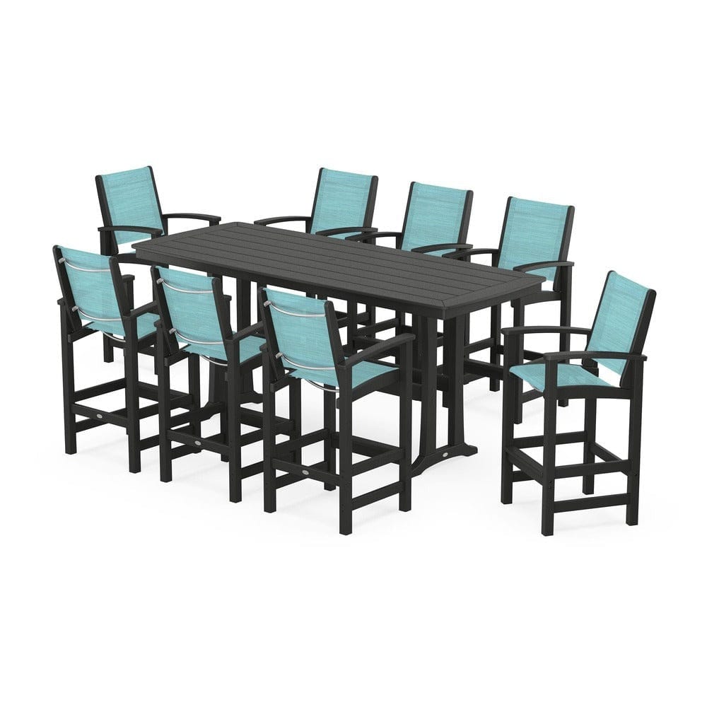 POLYWOOD® Outdoor Furniture Black / Dupioni Aquamarine Sling POLYWOOD® - Coastal 9-Piece Bar Set with Trestle Legs - PWS1948