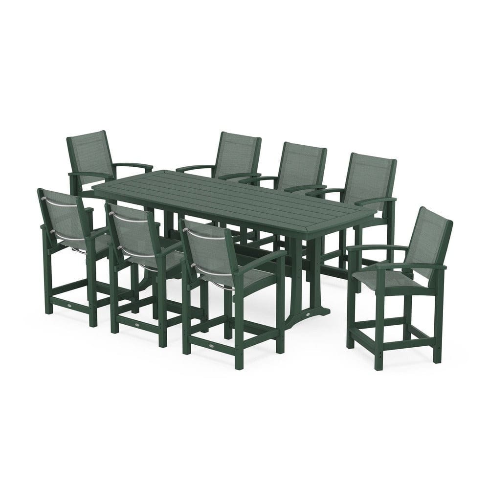 POLYWOOD® Outdoor Furniture Green / Dupioni Sea Mist Sling POLYWOOD® - Coastal 9-Piece Counter Set with Trestle Legs - PWS1931