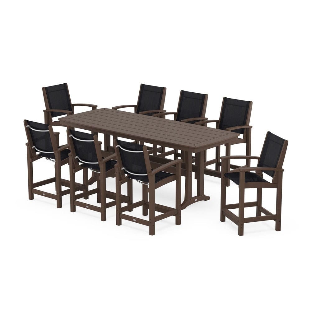 POLYWOOD® Outdoor Furniture Mahogany / Black Sling POLYWOOD® - Coastal 9-Piece Counter Set with Trestle Legs - PWS1931