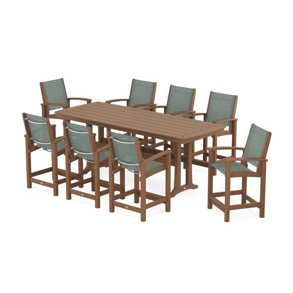 POLYWOOD® Outdoor Furniture Teak / Dupioni Sea Mist Sling POLYWOOD® - Coastal 9-Piece Counter Set with Trestle Legs - PWS1931