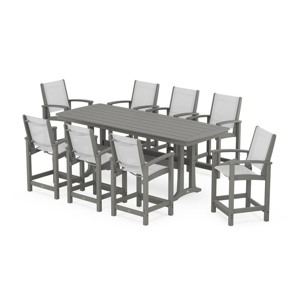 POLYWOOD® Outdoor Furniture Slate Grey / White Sling POLYWOOD® - Coastal 9-Piece Counter Set with Trestle Legs - PWS1931