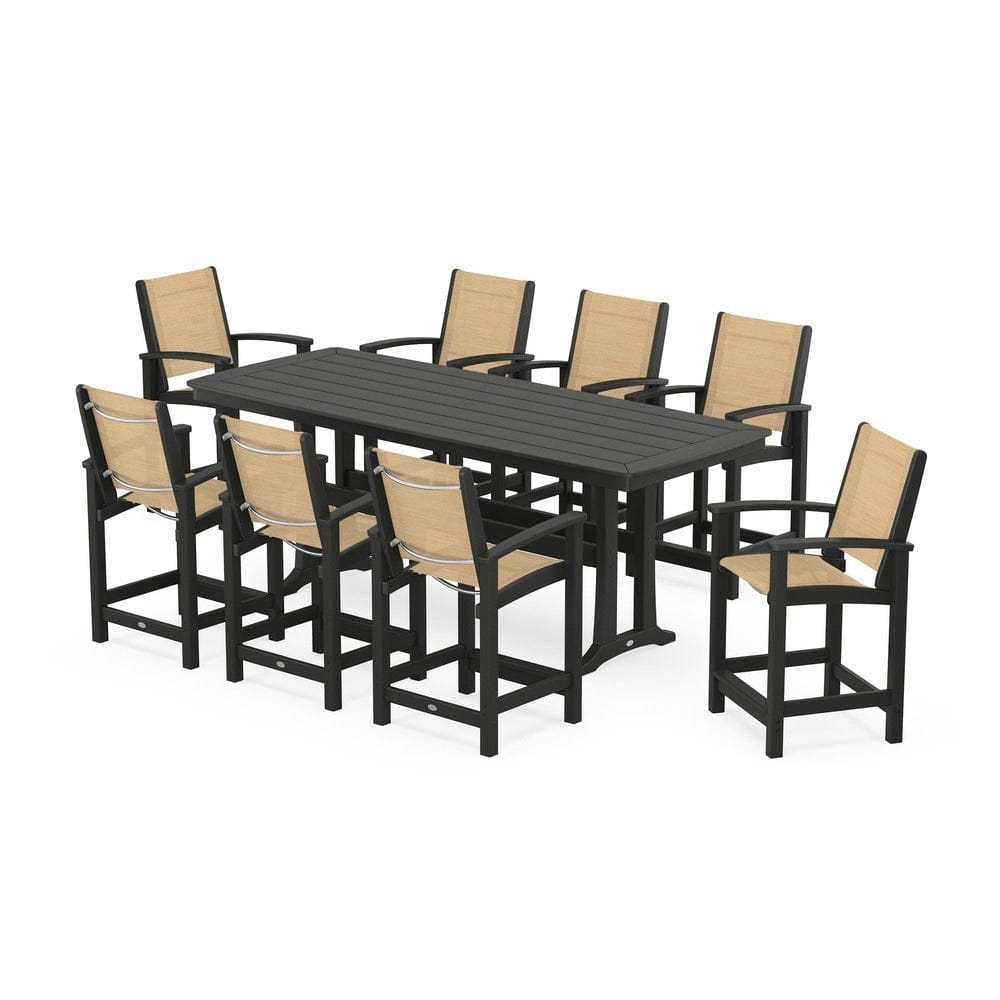 POLYWOOD® Outdoor Furniture Black / Dupioni Apricot Sling POLYWOOD® - Coastal 9-Piece Counter Set with Trestle Legs - PWS1931