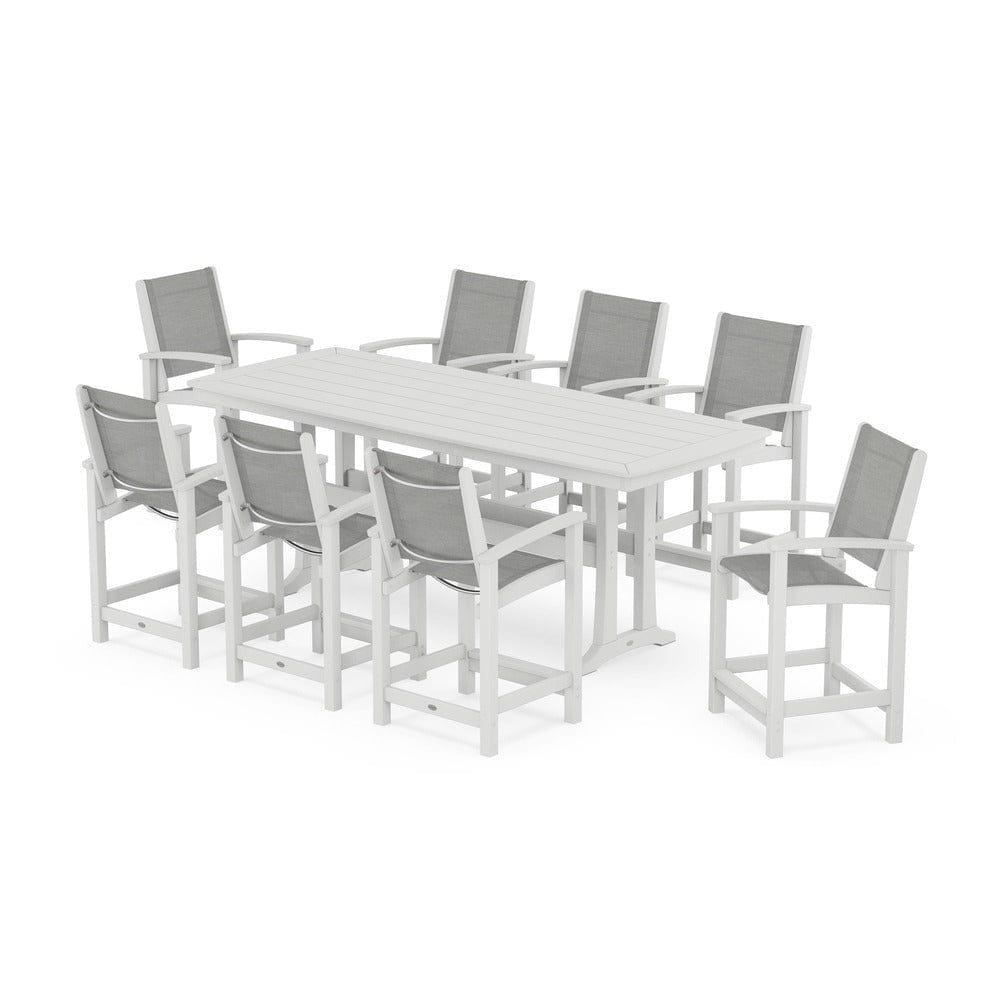 POLYWOOD® Outdoor Furniture White / Metallic Sling POLYWOOD® - Coastal 9-Piece Counter Set with Trestle Legs - PWS1931
