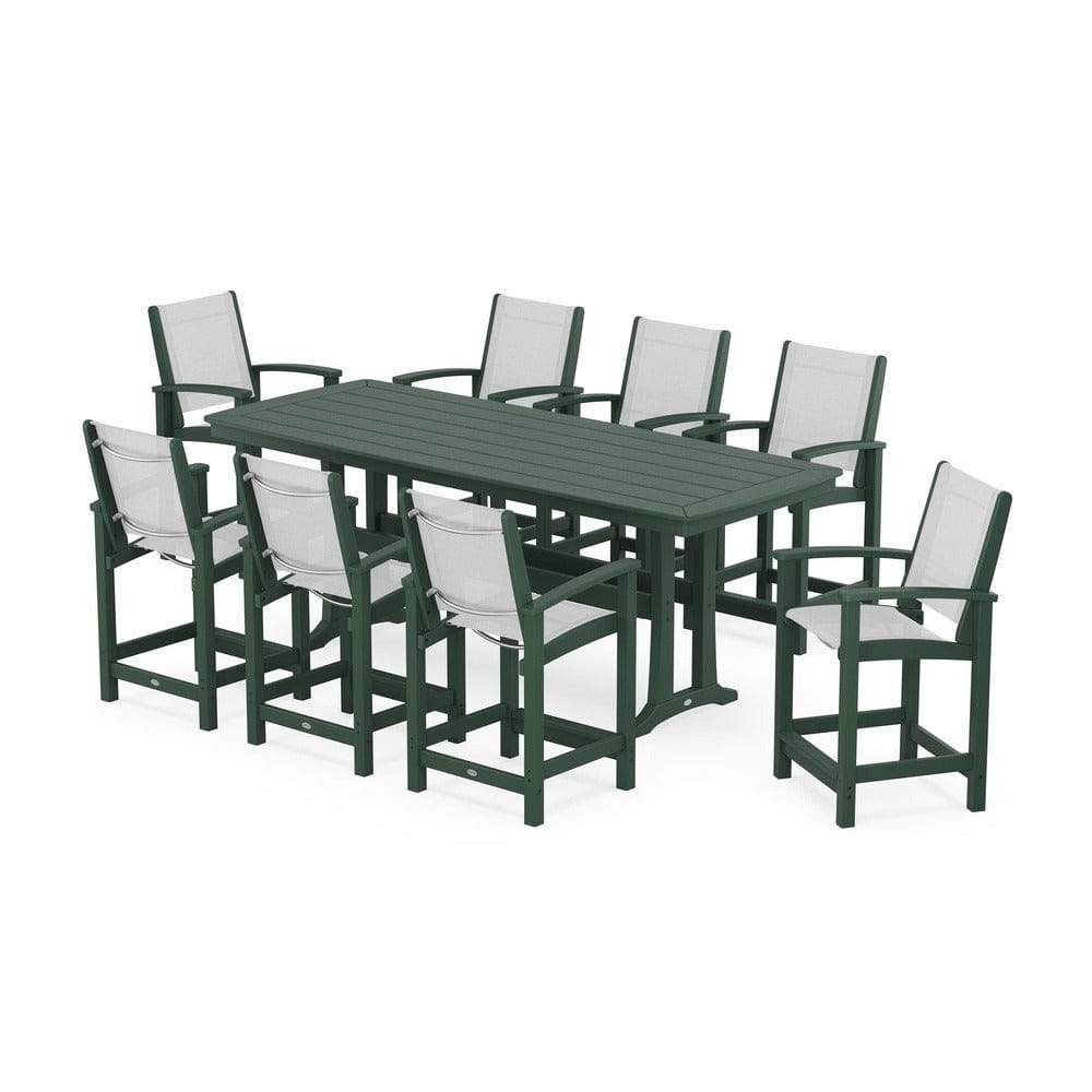 POLYWOOD® Outdoor Furniture Green / White Sling POLYWOOD® - Coastal 9-Piece Counter Set with Trestle Legs - PWS1931