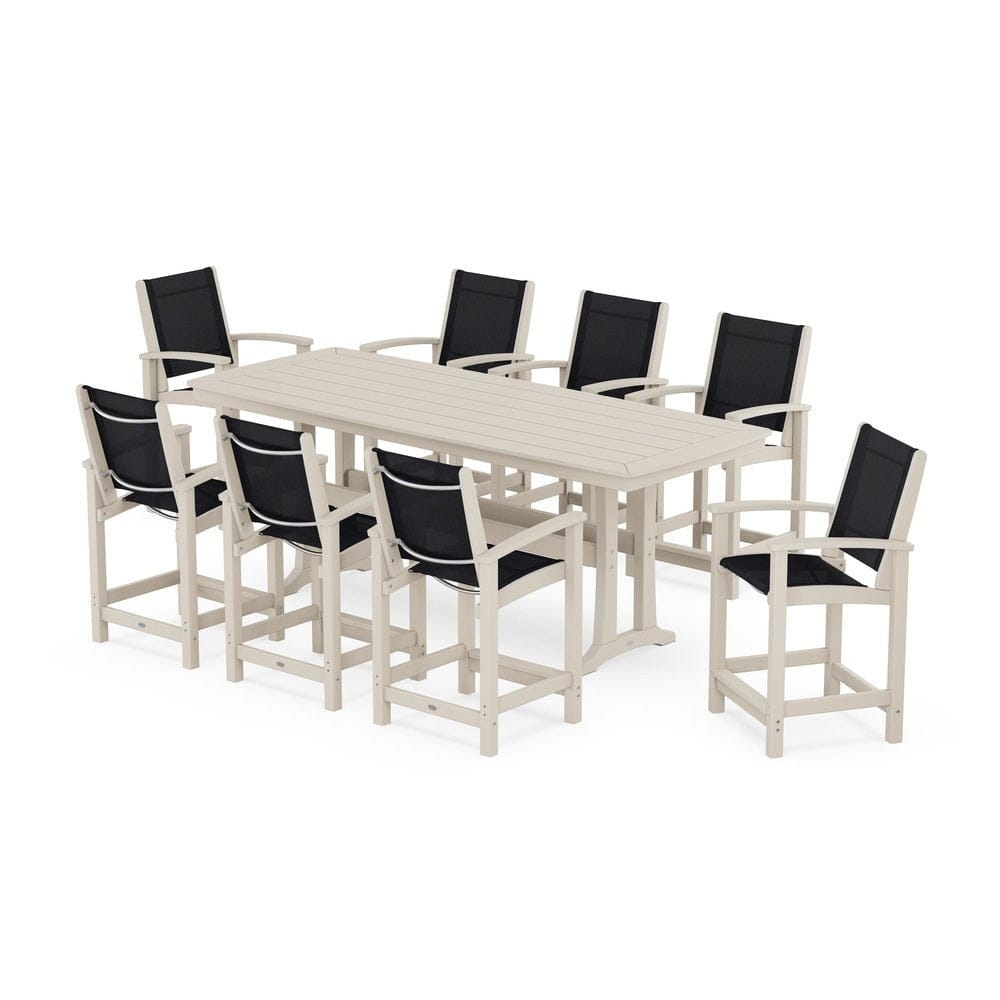 POLYWOOD® Outdoor Furniture Sand / Black Sling POLYWOOD® - Coastal 9-Piece Counter Set with Trestle Legs - PWS1931