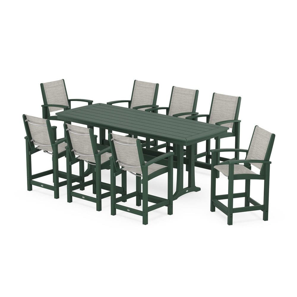 POLYWOOD® Outdoor Furniture Green / Birch Sling POLYWOOD® - Coastal 9-Piece Counter Set with Trestle Legs - PWS1931