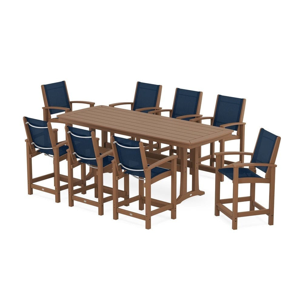 POLYWOOD® Outdoor Furniture Teak / Navy Blue Sling POLYWOOD® - Coastal 9-Piece Counter Set with Trestle Legs - PWS1931