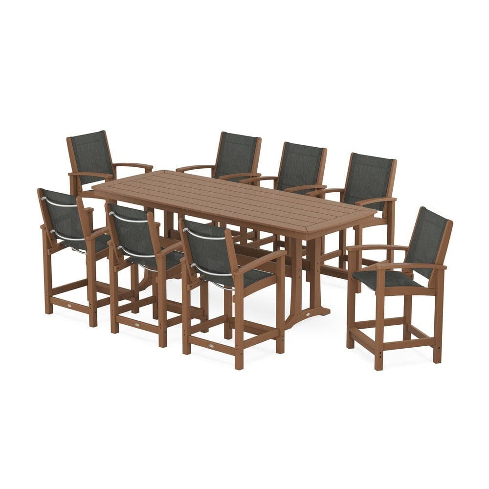 POLYWOOD® Outdoor Furniture Teak / Ember Sling POLYWOOD® - Coastal 9-Piece Counter Set with Trestle Legs - PWS1931