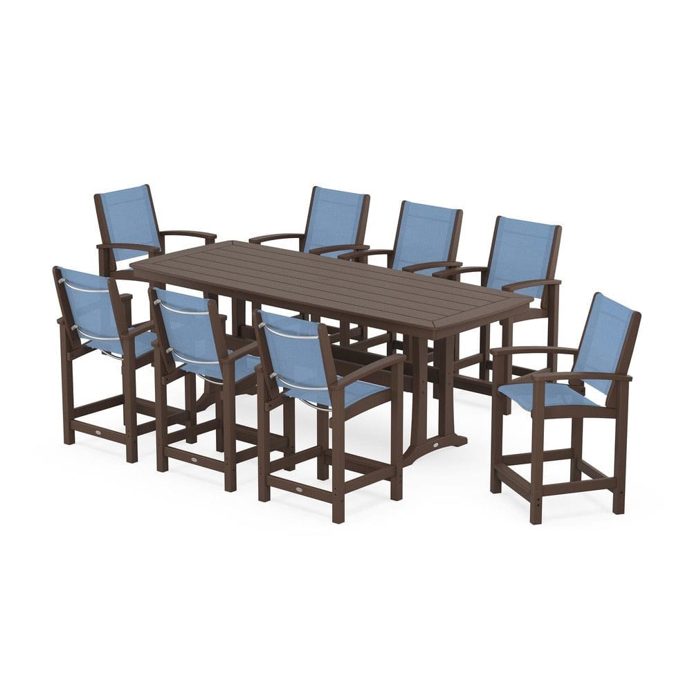 POLYWOOD® Outdoor Furniture Mahogany / Poolside Sling POLYWOOD® - Coastal 9-Piece Counter Set with Trestle Legs - PWS1931