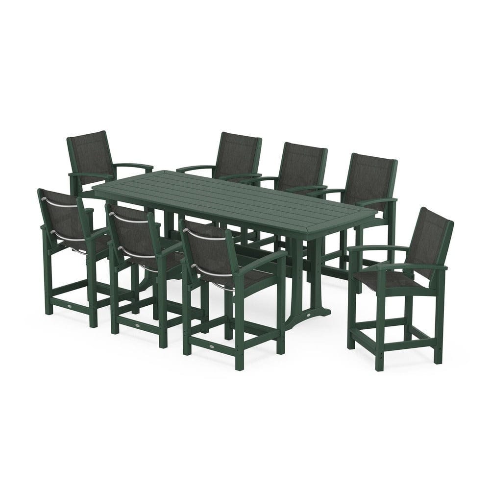 POLYWOOD® Outdoor Furniture Green / Ember Sling POLYWOOD® - Coastal 9-Piece Counter Set with Trestle Legs - PWS1931