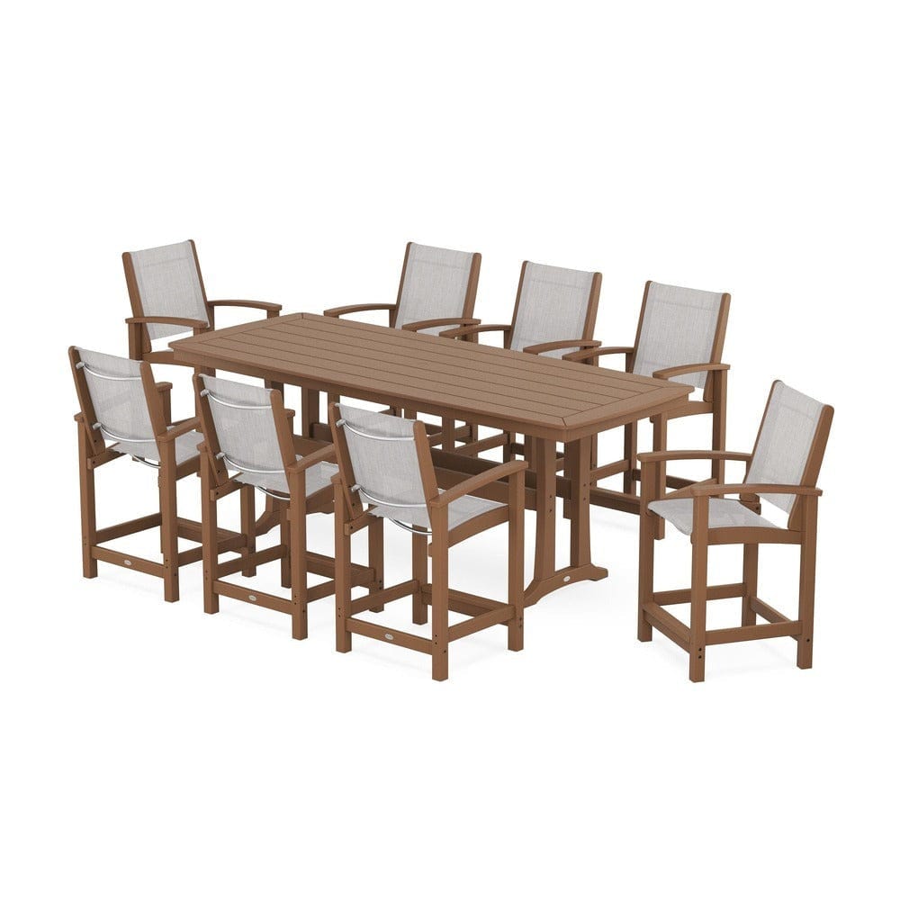 POLYWOOD® Outdoor Furniture Teak / Parchment Sling POLYWOOD® - Coastal 9-Piece Counter Set with Trestle Legs - PWS1931