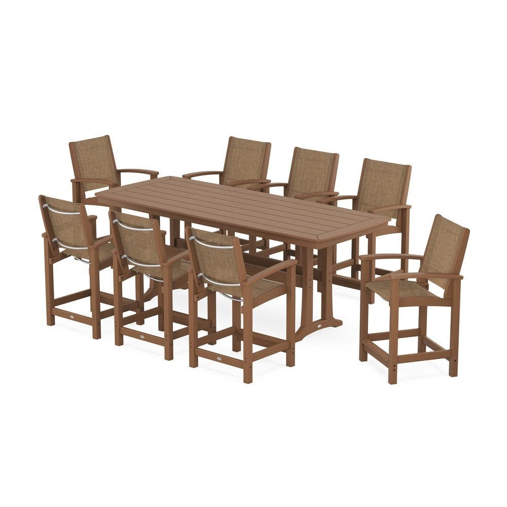 POLYWOOD® Outdoor Furniture Teak / Burlap Sling POLYWOOD® - Coastal 9-Piece Counter Set with Trestle Legs - PWS1931