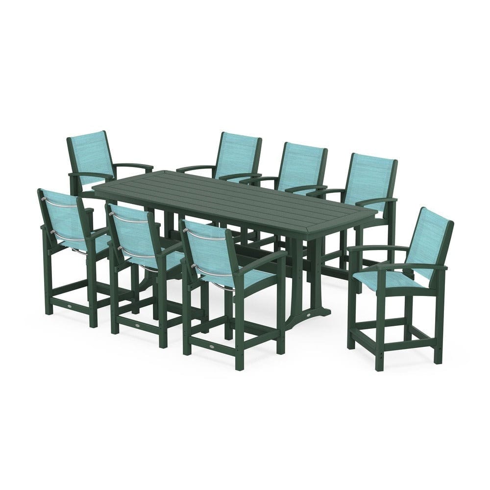 POLYWOOD® Outdoor Furniture Green / Dupioni Aquamarine Sling POLYWOOD® - Coastal 9-Piece Counter Set with Trestle Legs - PWS1931