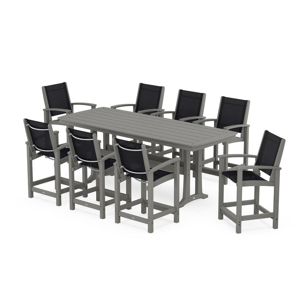 POLYWOOD® Outdoor Furniture Slate Grey / Black Sling POLYWOOD® - Coastal 9-Piece Counter Set with Trestle Legs - PWS1931
