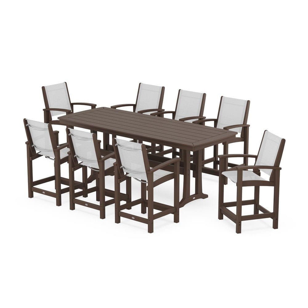 POLYWOOD® Outdoor Furniture Mahogany / White Sling POLYWOOD® - Coastal 9-Piece Counter Set with Trestle Legs - PWS1931