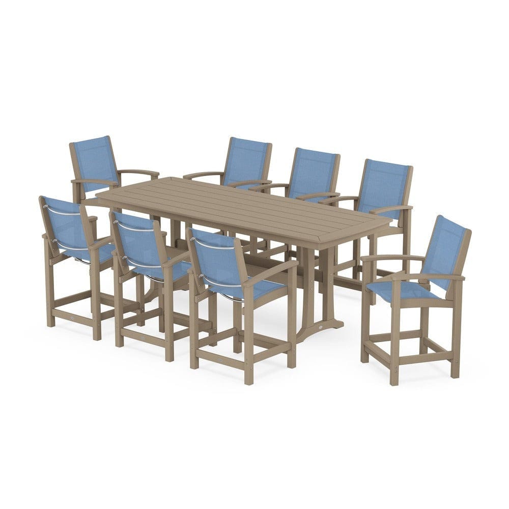 POLYWOOD® Outdoor Furniture Vintage Sahara / Poolside Sling POLYWOOD® - Coastal 9-Piece Counter Set with Trestle Legs - PWS1931