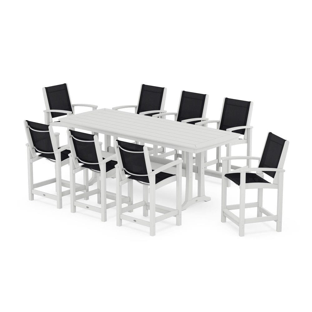 POLYWOOD® Outdoor Furniture White / Black Sling POLYWOOD® - Coastal 9-Piece Counter Set with Trestle Legs - PWS1931
