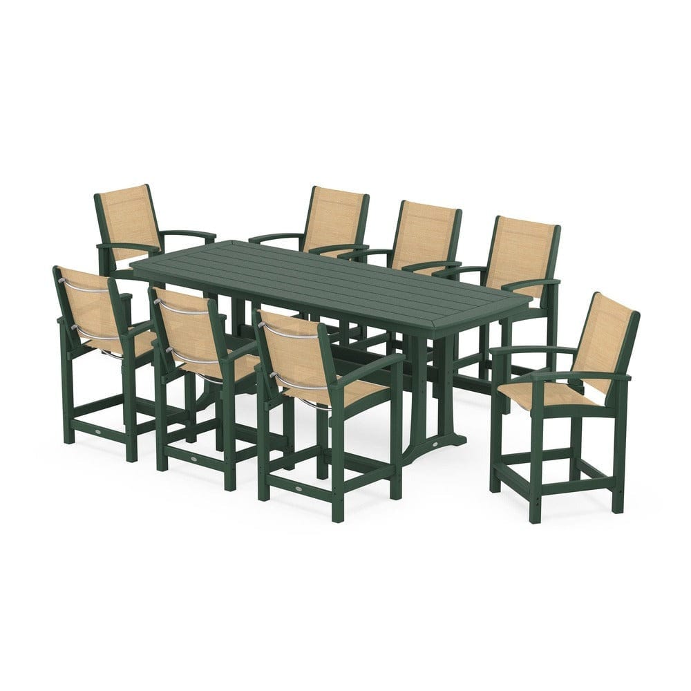 POLYWOOD® Outdoor Furniture Green / Dupioni Apricot Sling POLYWOOD® - Coastal 9-Piece Counter Set with Trestle Legs - PWS1931