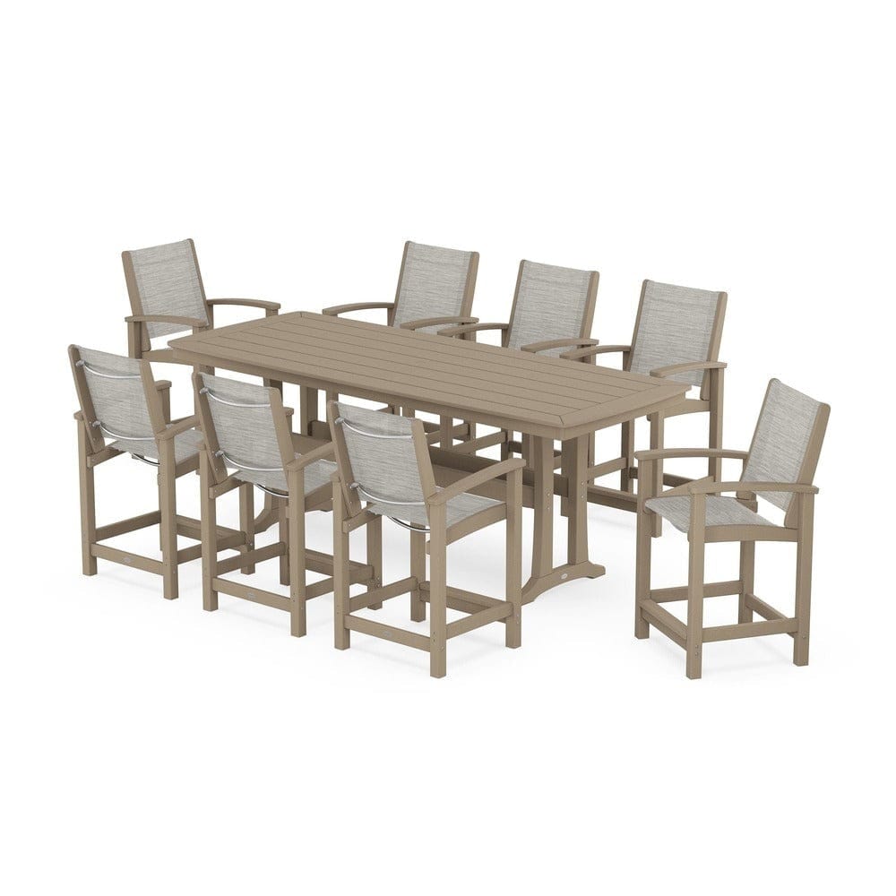 POLYWOOD® Outdoor Furniture Vintage Sahara / Birch Sling POLYWOOD® - Coastal 9-Piece Counter Set with Trestle Legs - PWS1931
