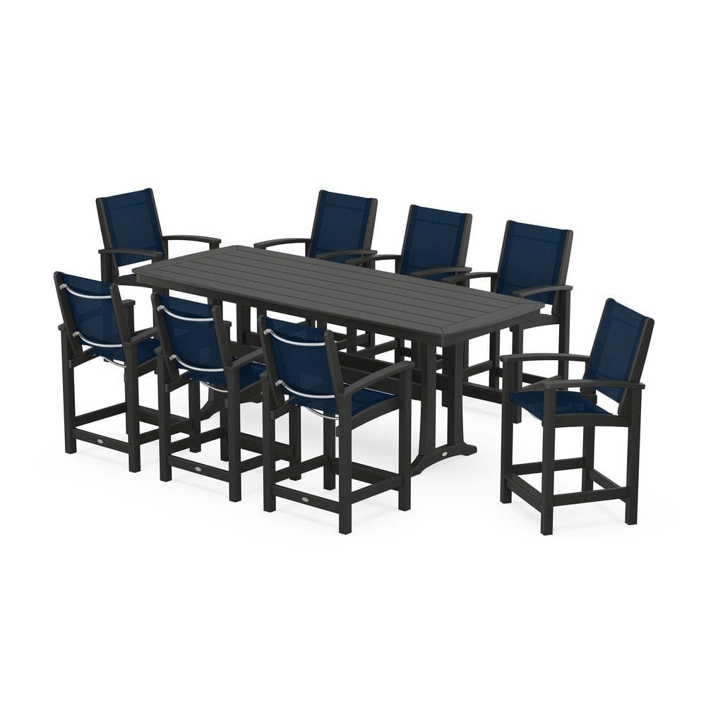 POLYWOOD® Outdoor Furniture Black / Navy Blue Sling POLYWOOD® - Coastal 9-Piece Counter Set with Trestle Legs - PWS1931