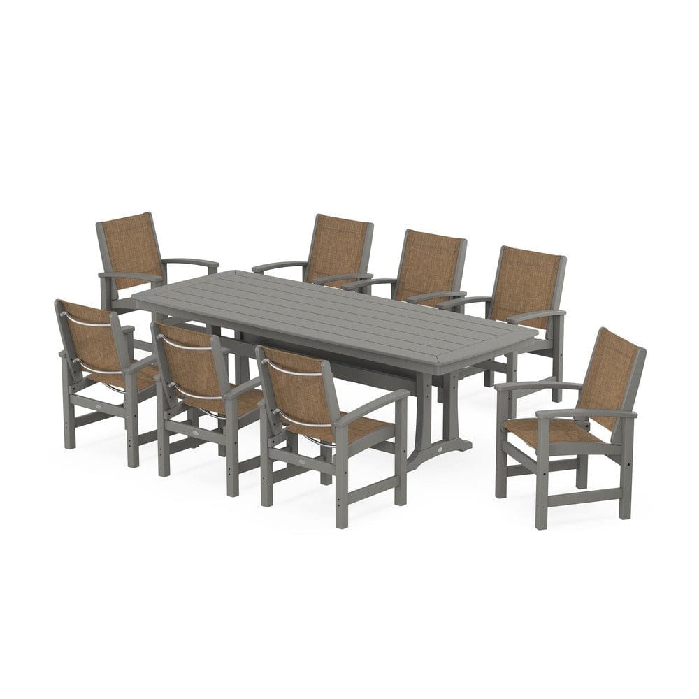POLYWOOD® Outdoor Furniture Slate Grey / Burlap Sling POLYWOOD® - Coastal 9-Piece Dining Set with Trestle Legs - PWS1502