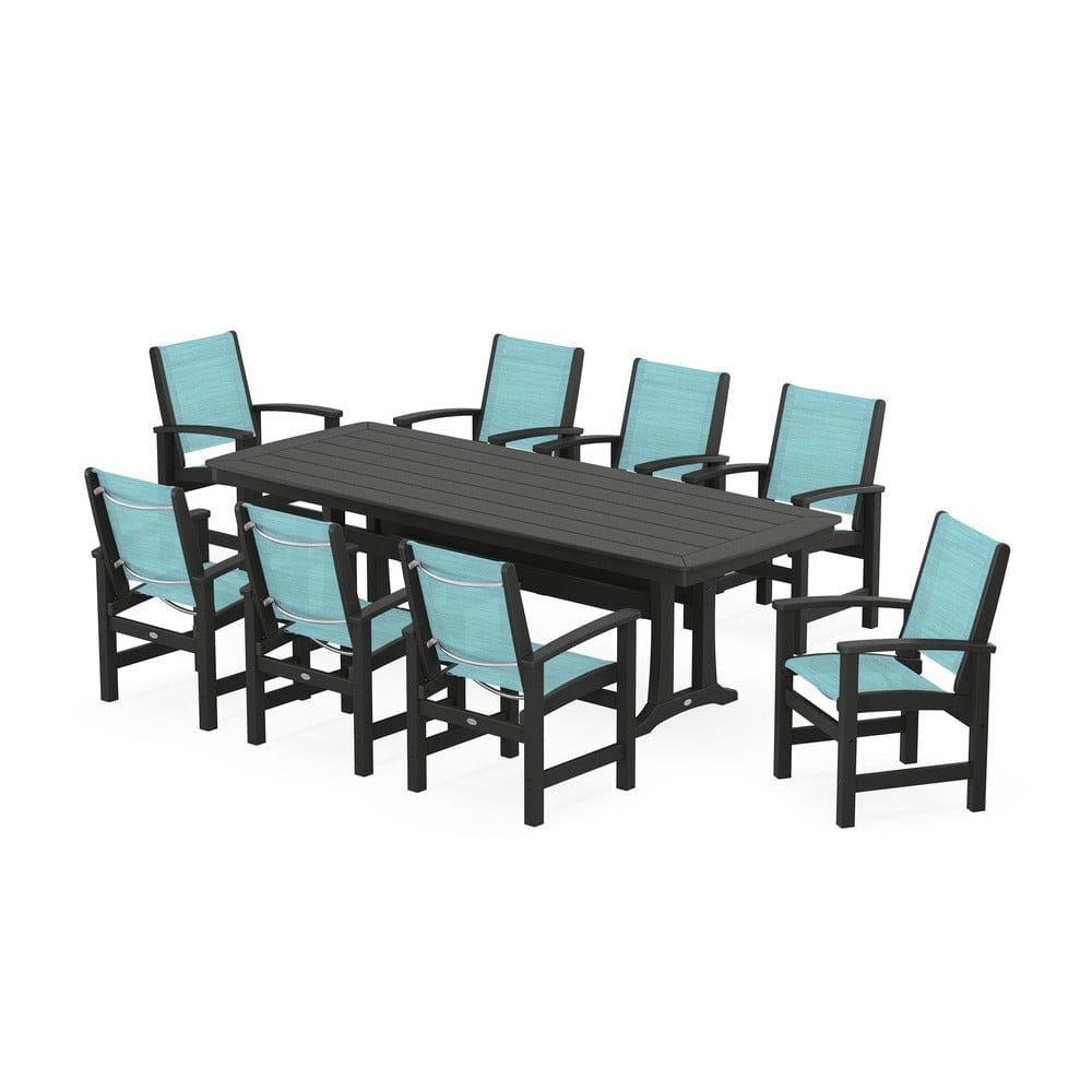 POLYWOOD® Outdoor Furniture Black / Dupioni Aquamarine Sling POLYWOOD® - Coastal 9-Piece Dining Set with Trestle Legs - PWS1502